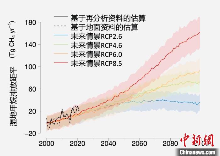 基于觀測的濕地甲烷排放變化與未來氣候變化情景下估算的對比?！≈锌圃呵嗖馗咴?供圖