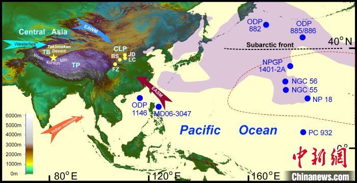 塔里木沙塵傳輸至北太平洋的路徑(陰影區(qū))及西昆侖山黃土巖芯位置(五角星)。　中科院青藏高原所 供圖