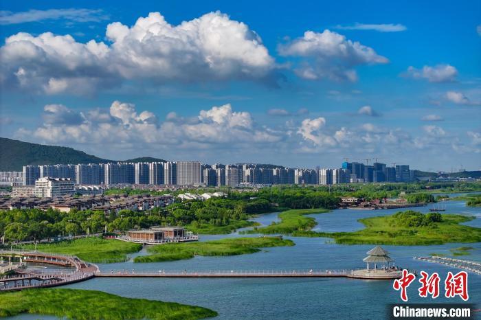 資料圖：航拍蘇州太湖湖濱國家濕地公園，藍天碧水生態(tài)美。 泱波 攝