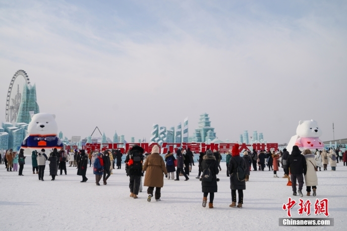 1月4日，第25屆哈爾濱冰雪大世界內(nèi)的冰雕吸引游客觀看。白天的冰雪大世界，游客仿佛置身現(xiàn)實版“冰雪奇緣”。<a target='_blank' href='/'><p  align=