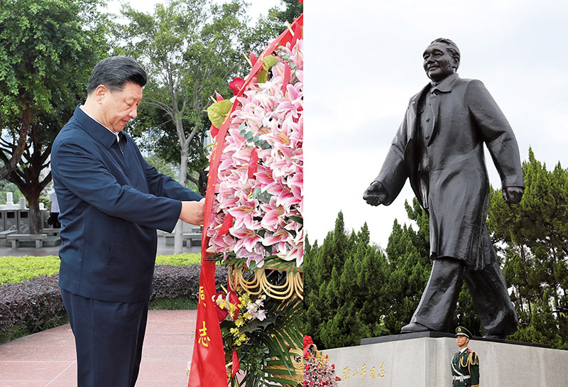 2020年10月14日，習(xí)近平總書記向深圳蓮花山公園鄧小平同志銅像敬獻(xiàn)花籃。