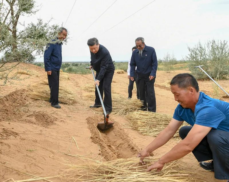 2019年8月21日，習(xí)近平來(lái)到甘肅省武威市古浪縣八步沙林場(chǎng)，實(shí)地察看當(dāng)?shù)刂紊吃炝?、生態(tài)保護(hù)等情況。新華社記者 謝環(huán)馳 攝