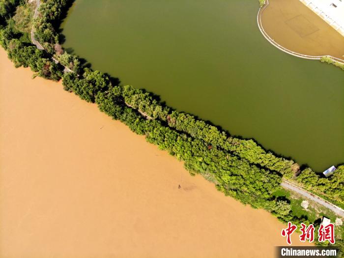 圖為2020年9月3日航拍黃河蘭州段濕地公園現(xiàn)黃河“鴛鴦鍋”。(資料圖) 高瑩 攝