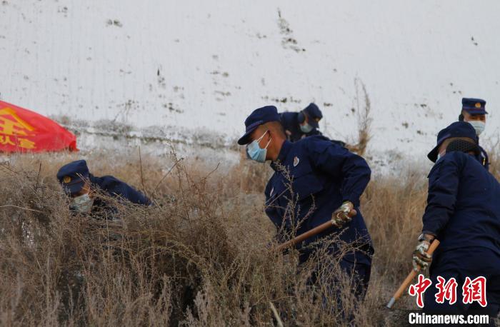 圖為200余名消防員在布達(dá)拉宮后山集合除草?！≮w朗 攝