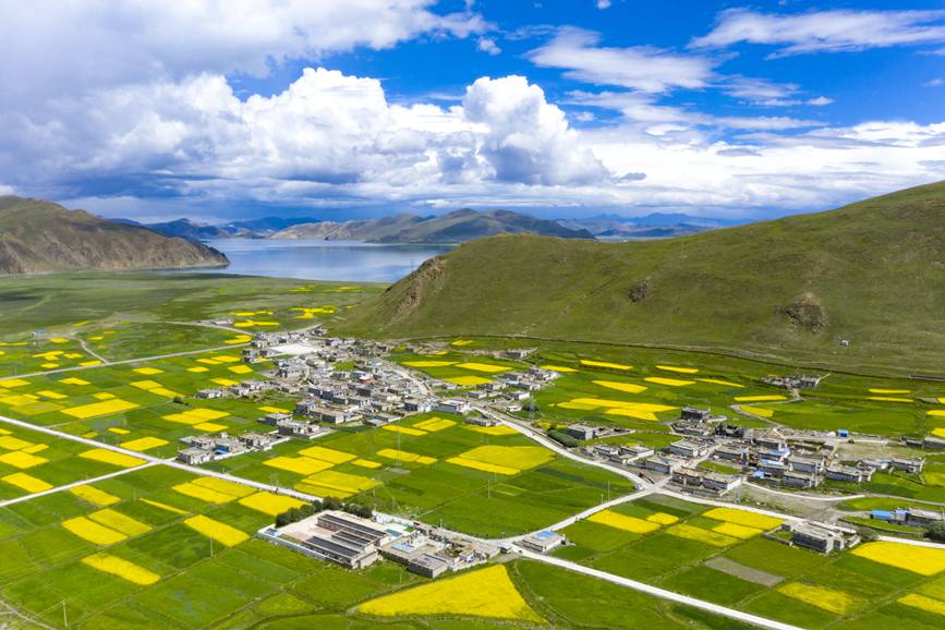 航拍道布龍村，依山傍水，阡陌縱橫。